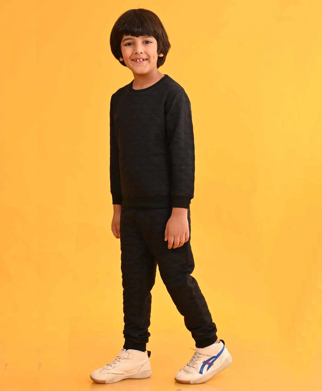 QUILTED BLACK MELANGE FLEECE BOYS SWEATSHIRT JOGGER SET - BLACK