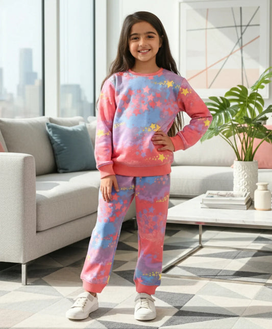 TIE DYE STAR FLEECE SWEATSHIRT JOGGER SET D - PINK