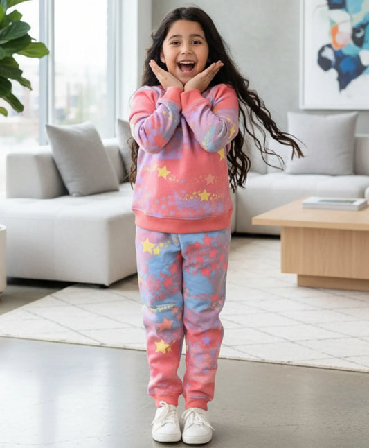 TIE DYE STAR FLEECE SWEATSHIRT JOGGER SET D - PINK
