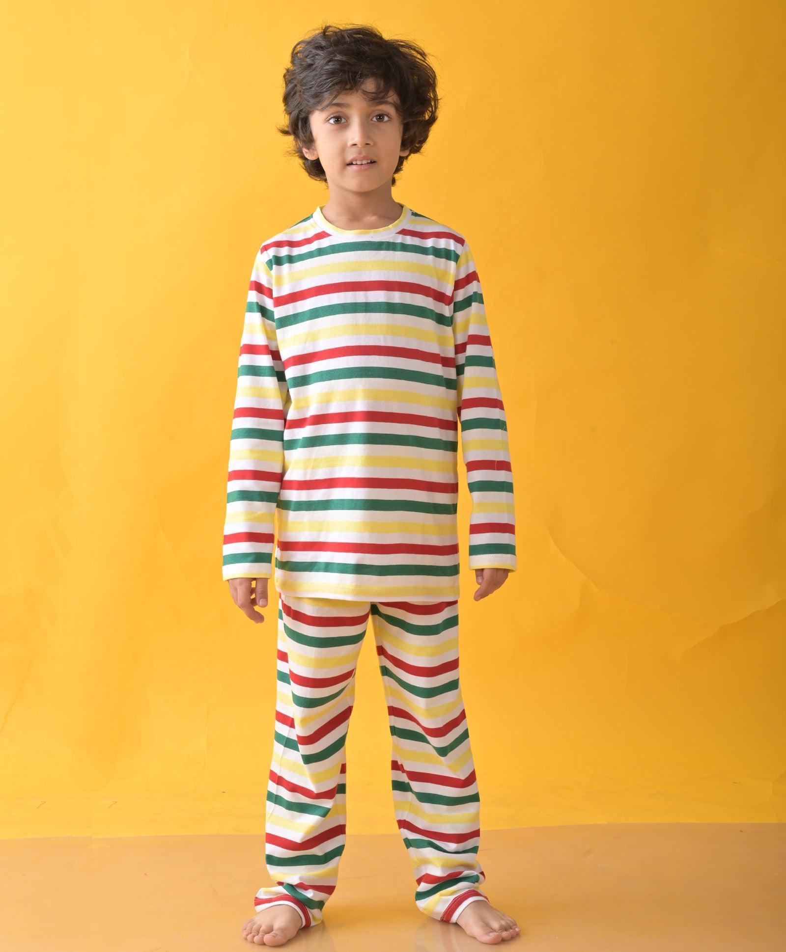 RED GREEN WHITE YELLOW STRIPE LONG SLEEVE PYJAMA SET - MULTI - Anthrilo 