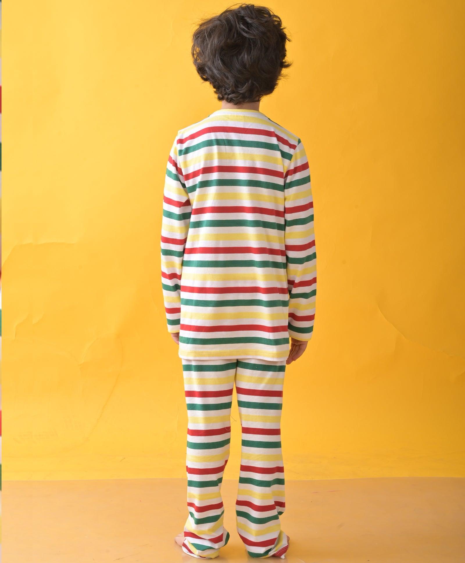 RED GREEN WHITE YELLOW STRIPE LONG SLEEVE PYJAMA SET - MULTI - Anthrilo 