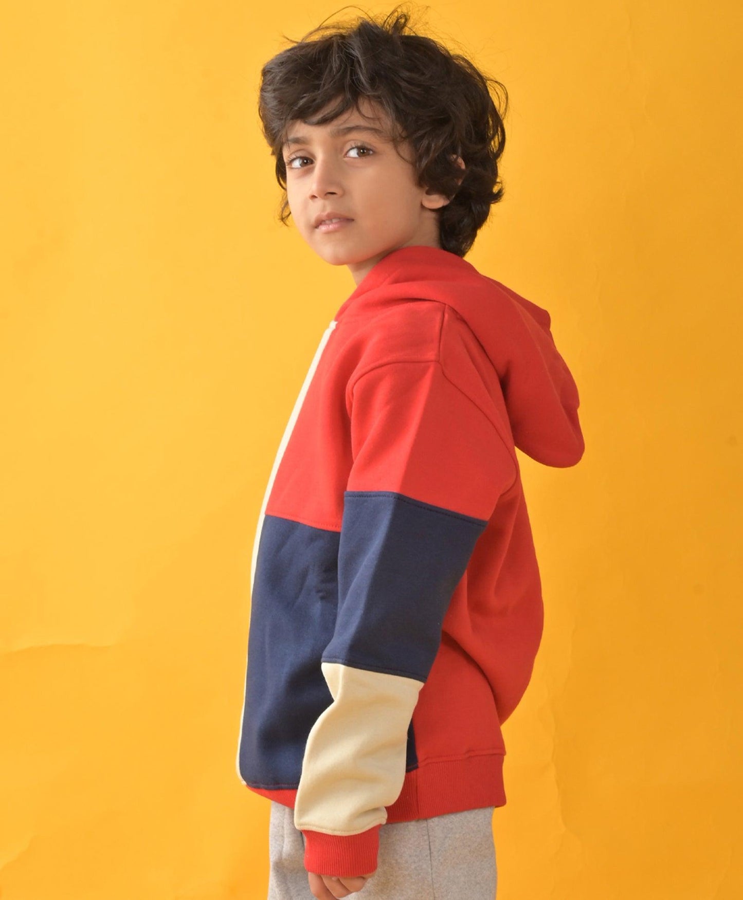 RED CREAM NAVY COLOR BLOCK FLEECE HOODIE - RED - Anthrilo 