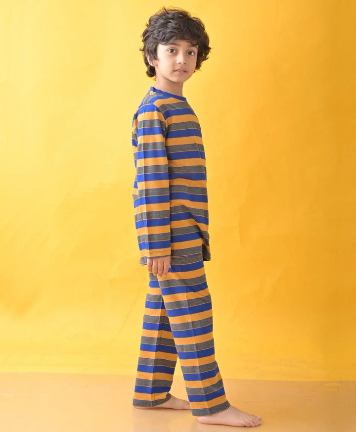 ROYAL MUSTARD DARK GREY STRIPES LONG SLEEVE BOYS PYJAMA SET - MULTI - Anthrilo 
