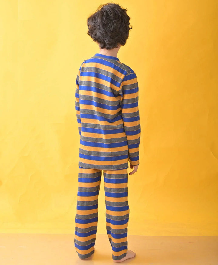 ROYAL MUSTARD DARK GREY STRIPES LONG SLEEVE BOYS PYJAMA SET - MULTI - Anthrilo 