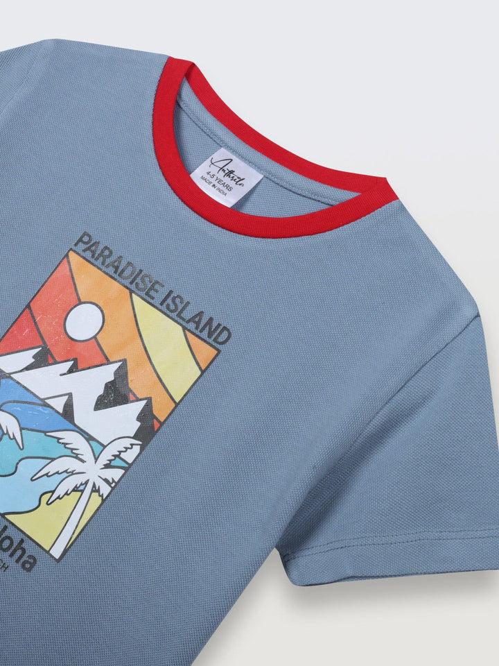 Hawaii Aloha Blue Red Rib Short Sleeve Boys T-Shirt - Blue