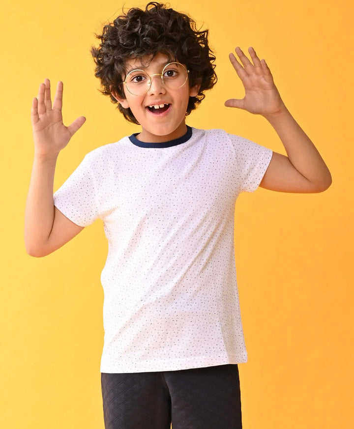 WHITE DOTTED NAVY RIB SHORT SLEEVE BOYS T-SHIRT - WHITE - Anthrilo 