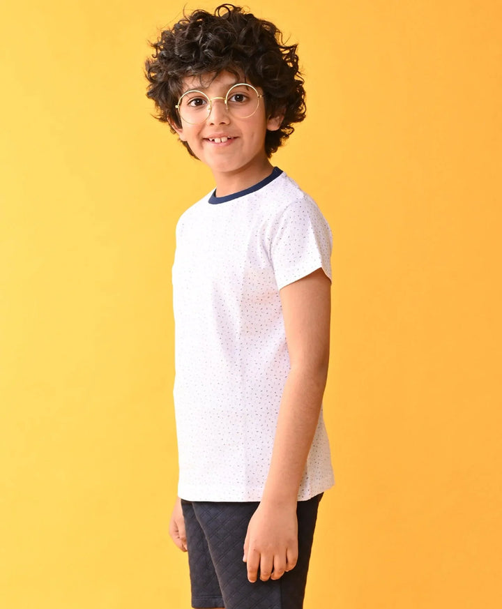 WHITE DOTTED NAVY RIB SHORT SLEEVE BOYS T-SHIRT - WHITE - Anthrilo 