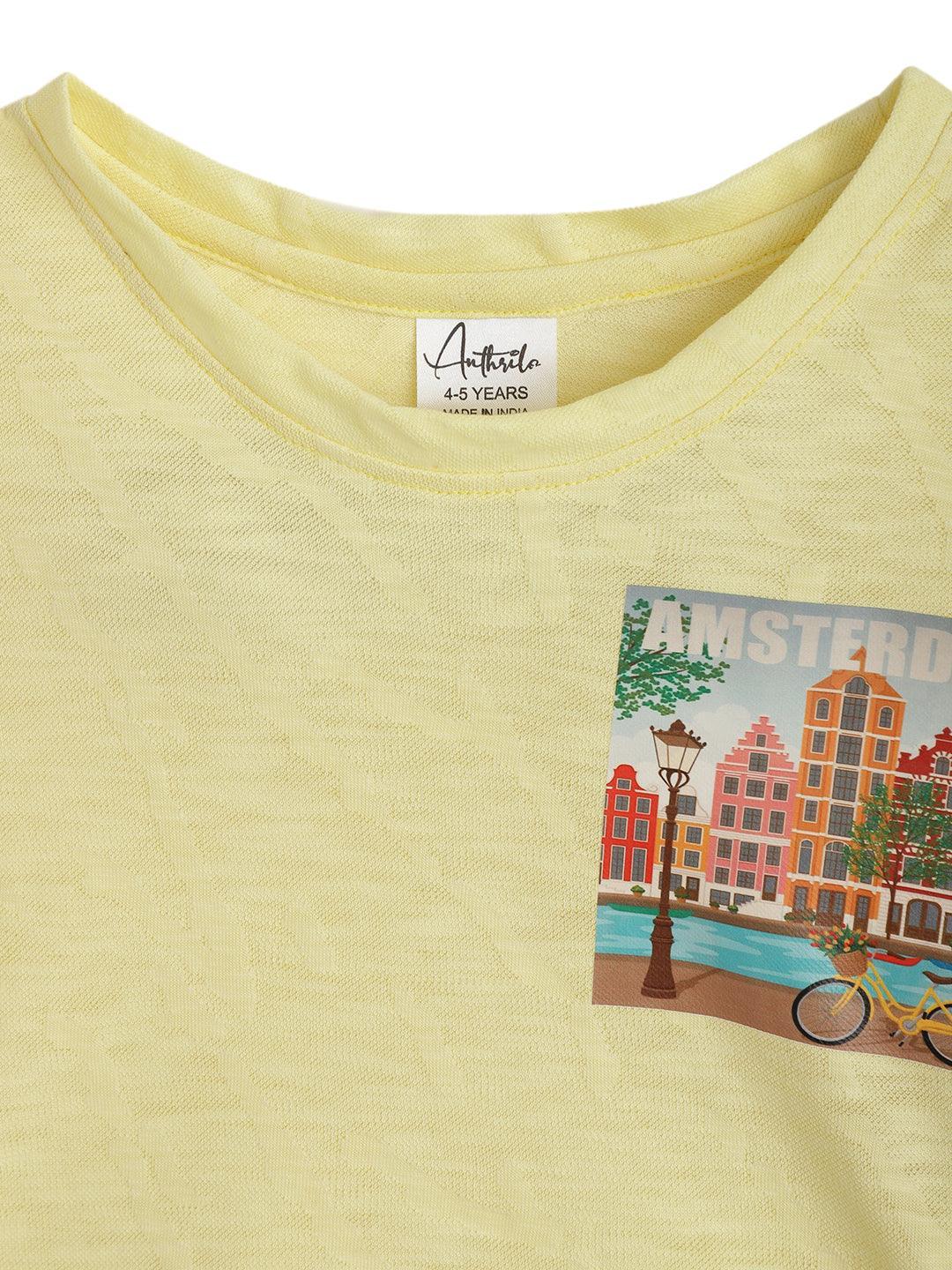 Amsterdam Yellow Jacquard Summer Girls T-Shirt - Yellow