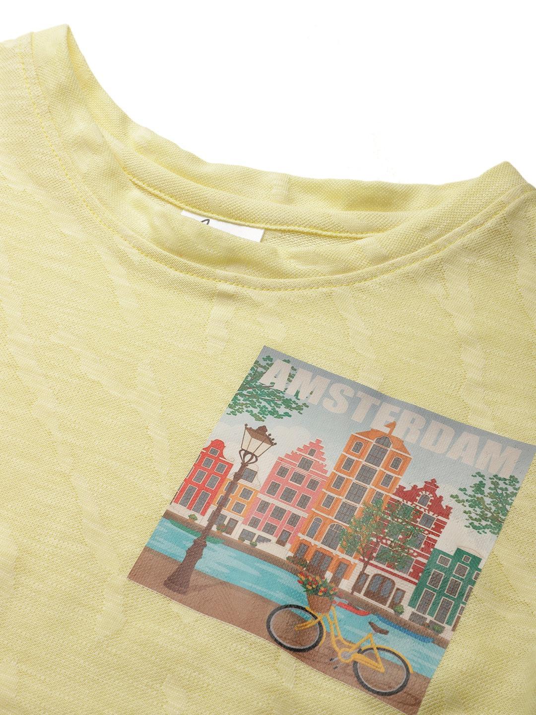 Amsterdam Yellow Jacquard Summer Girls T-Shirt - Yellow