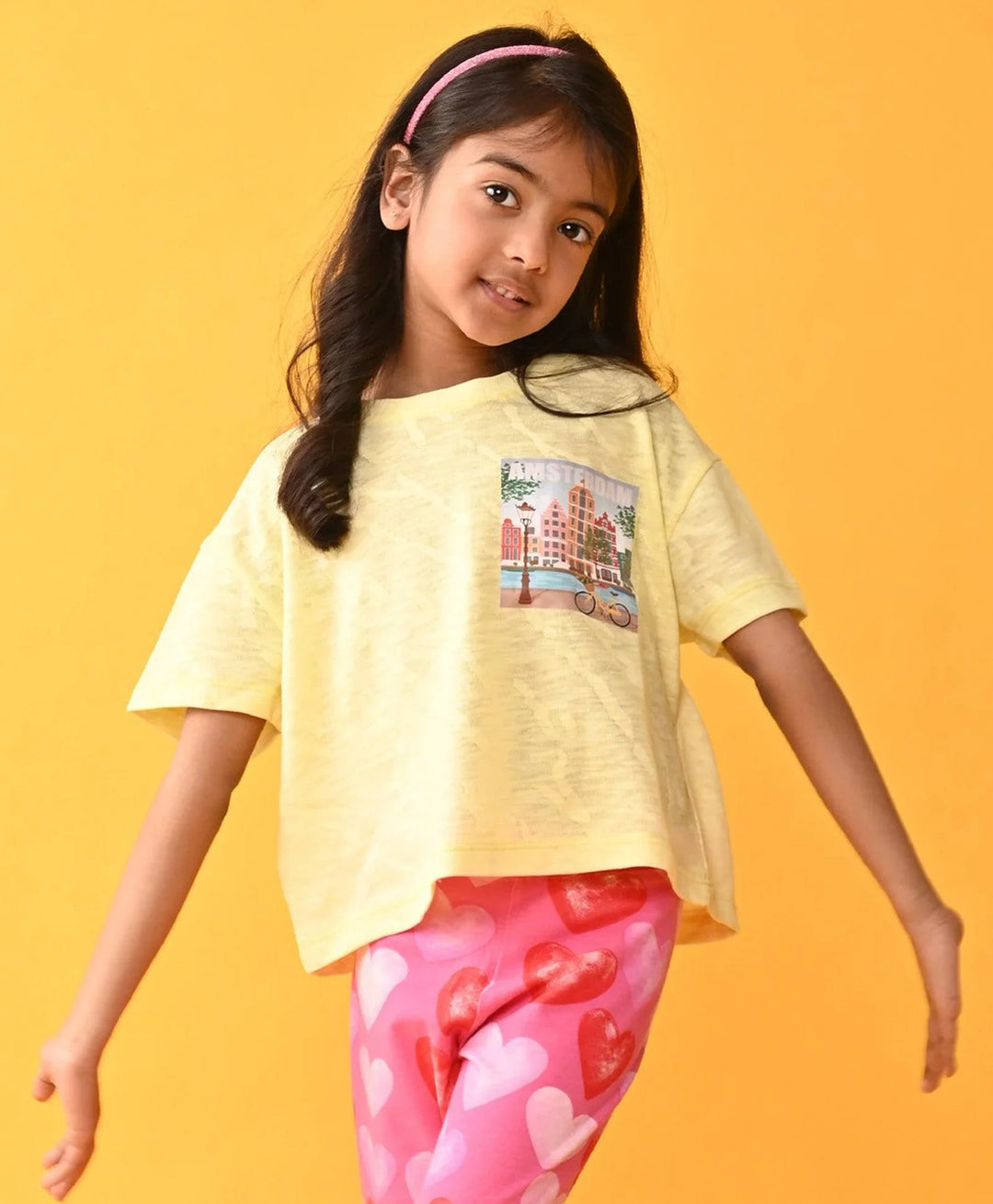 Amsterdam Yellow Jacquard Summer Girls T-Shirt - Yellow