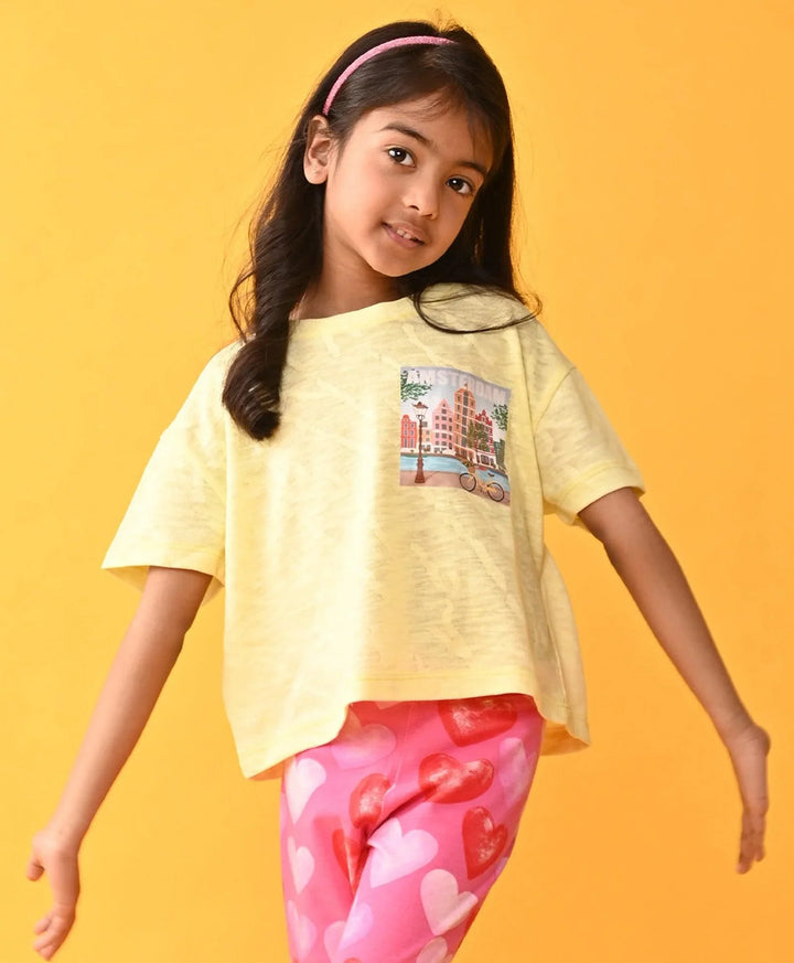 Amsterdam Yellow Jacquard Summer Girls T-Shirt - Yellow