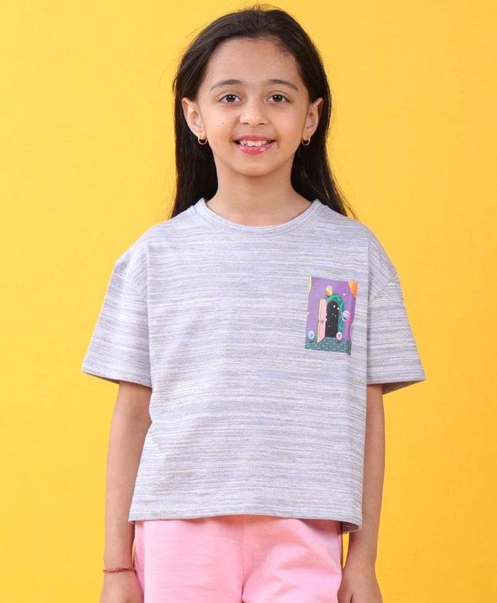 Purple Planet Textured Summer Girls T-Shirt - Blue