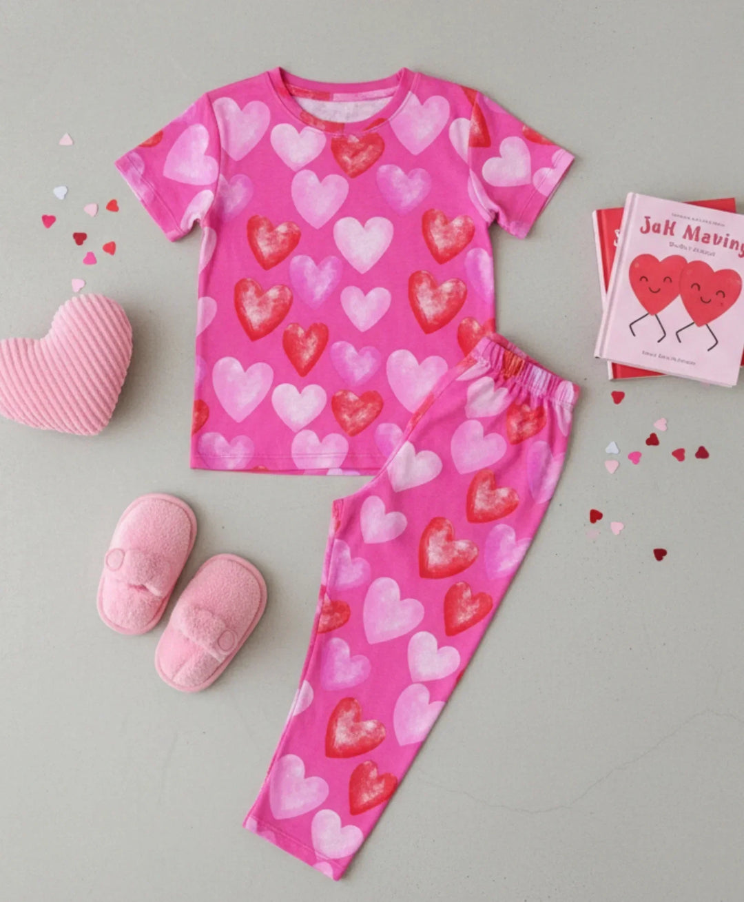 PINK HEARTS SHORT SLEEVE PYJAMA SET - PINK - Anthrilo 