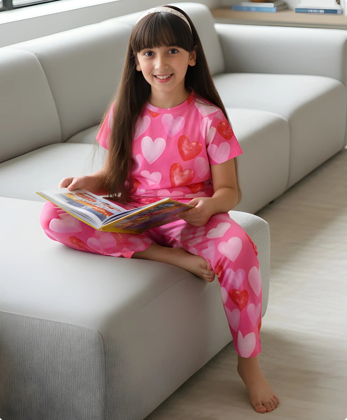 PINK HEARTS SHORT SLEEVE PYJAMA SET - PINK