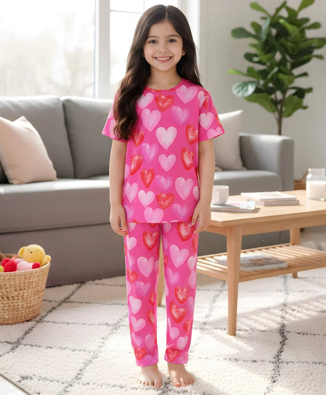 PINK HEARTS SHORT SLEEVE PYJAMA SET - PINK - Anthrilo 