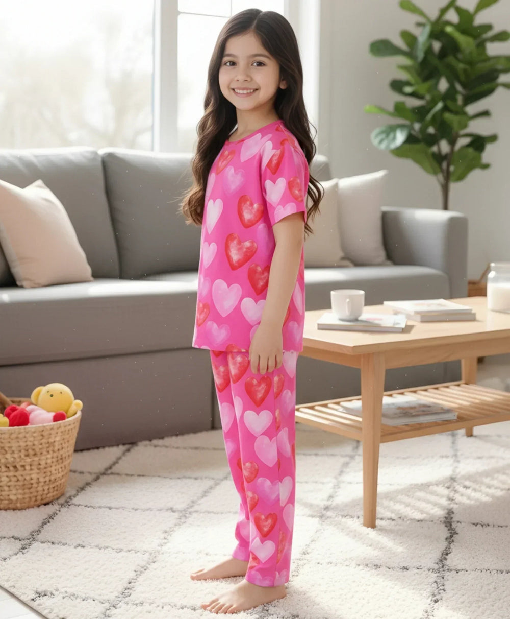 PINK HEARTS SHORT SLEEVE PYJAMA SET - PINK - Anthrilo 