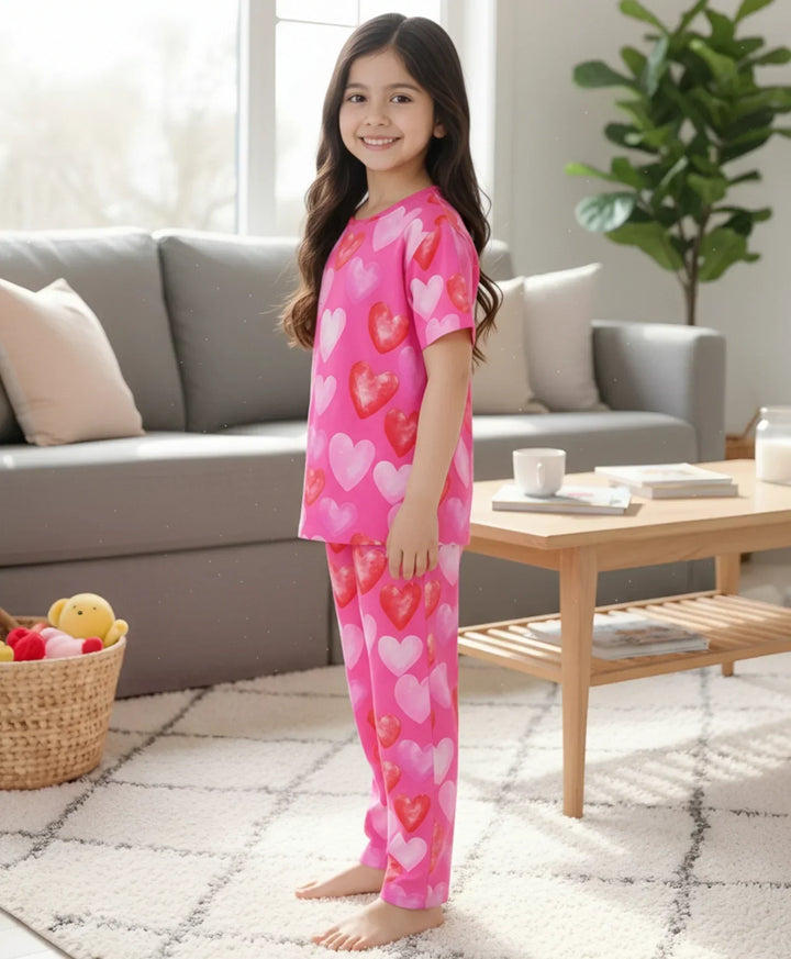 PINK HEARTS SHORT SLEEVE PYJAMA SET - PINK - Anthrilo 