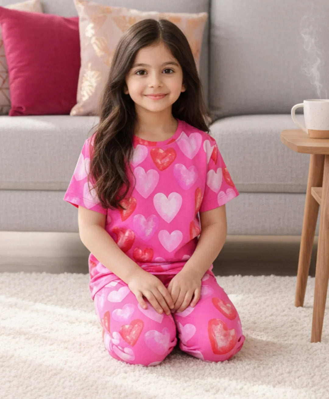 PINK HEARTS SHORT SLEEVE PYJAMA SET - PINK - Anthrilo 