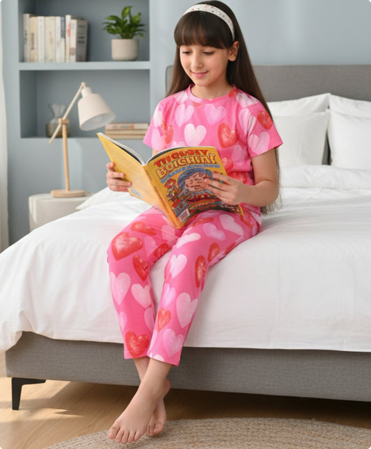 PINK HEARTS SHORT SLEEVE PYJAMA SET - PINK
