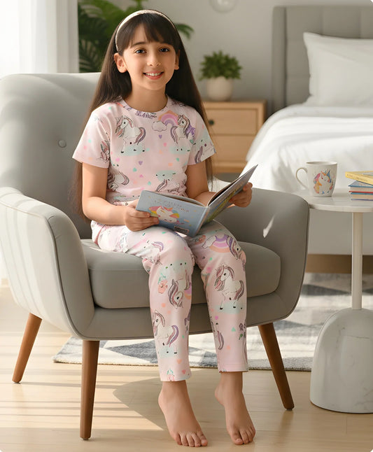 UNICORN HEART SHORT SLEEVE PYJAMA SET - PINK