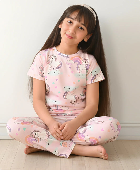 UNICORN HEART SHORT SLEEVE PYJAMA SET - PINK