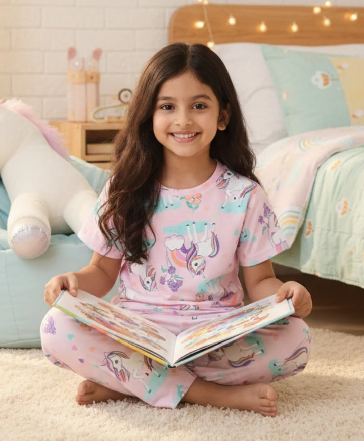 UNICORN HEART SHORT SLEEVE PYJAMA SET - PINK - Anthrilo 