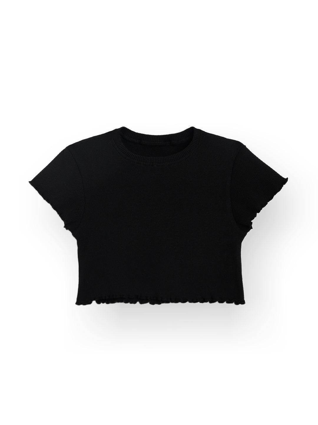 STRIPED RIBBED BLACK SUMMER GIRLS T-SHIRT - BLACK