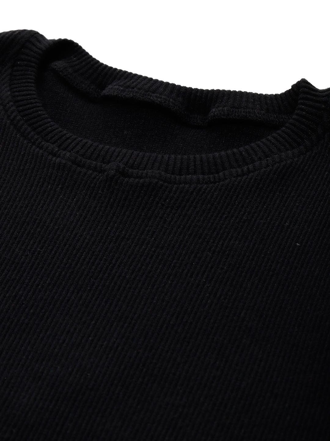 STRIPED RIBBED BLACK SUMMER GIRLS T-SHIRT - BLACK - Anthrilo 