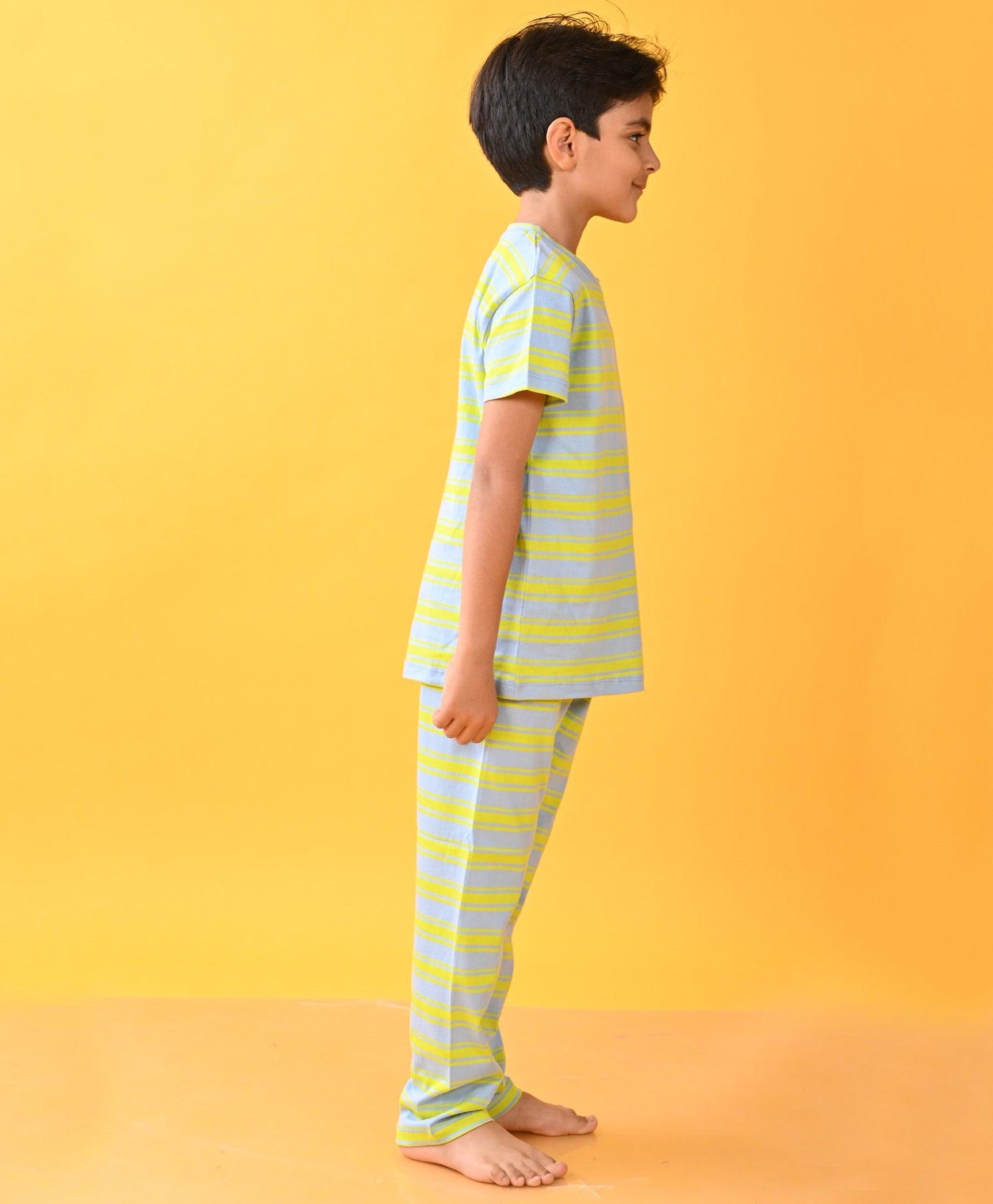 BLUE LIME STRIPED SHORT SLEEVES BOYS PYJAMA SET - BLUE