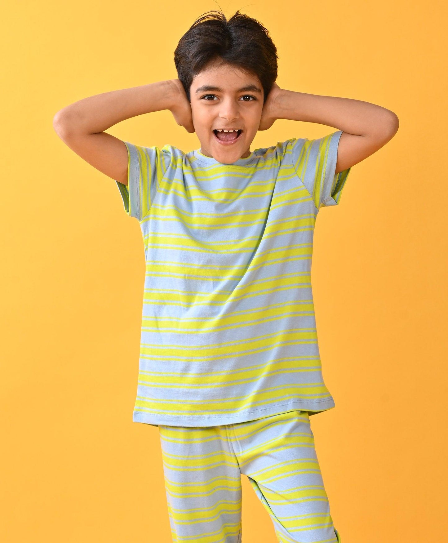 BLUE LIME STRIPED SHORT SLEEVES BOYS PYJAMA SET - BLUE