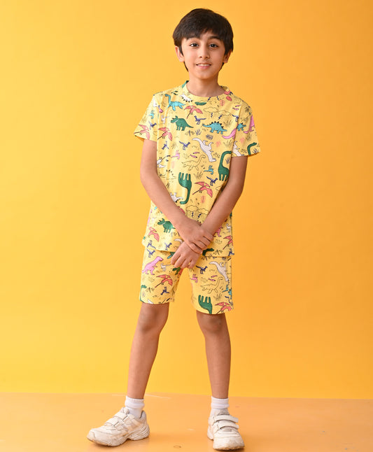 RAINING DINOSAUR SLEEPWEAR SHORTS SET - YELLOW