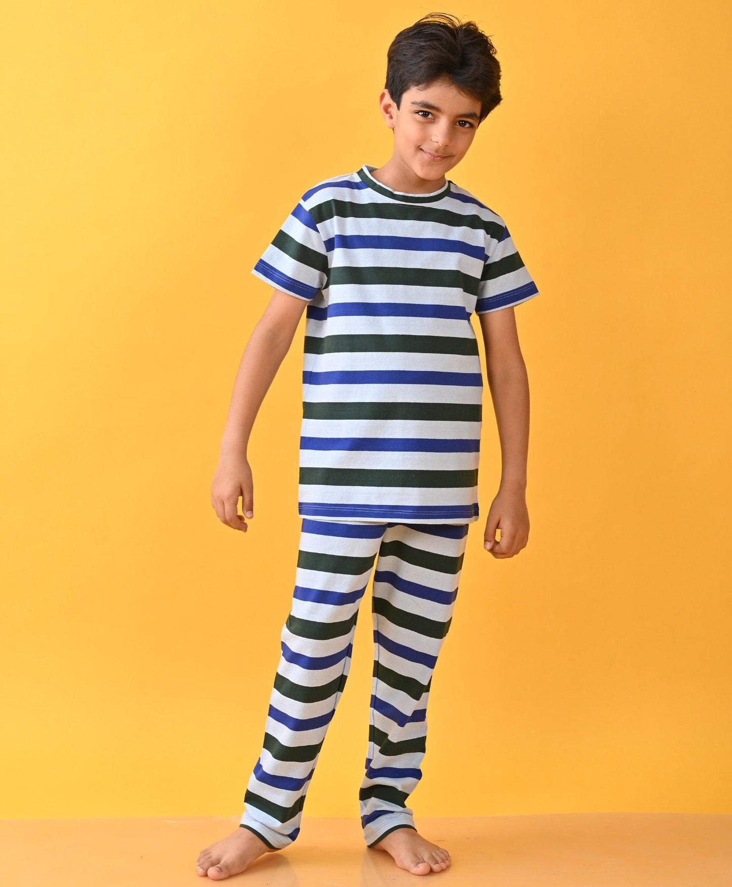 ROYAL SKY GREEN STRIPED SHORT SLEEVES BOYS PYJAMA SET - BLUE - Anthrilo 