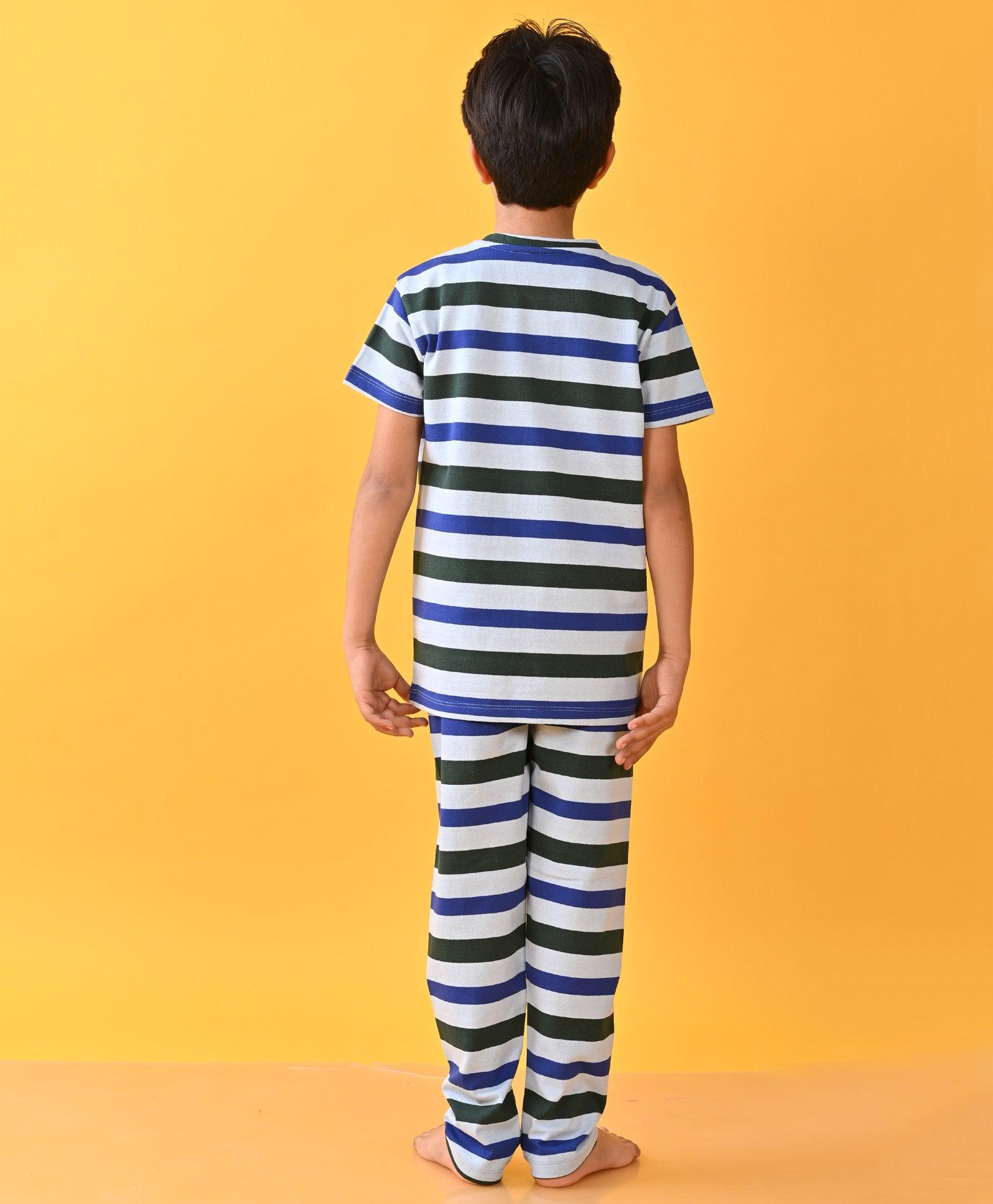 ROYAL SKY GREEN STRIPED SHORT SLEEVES BOYS PYJAMA SET - BLUE - Anthrilo 