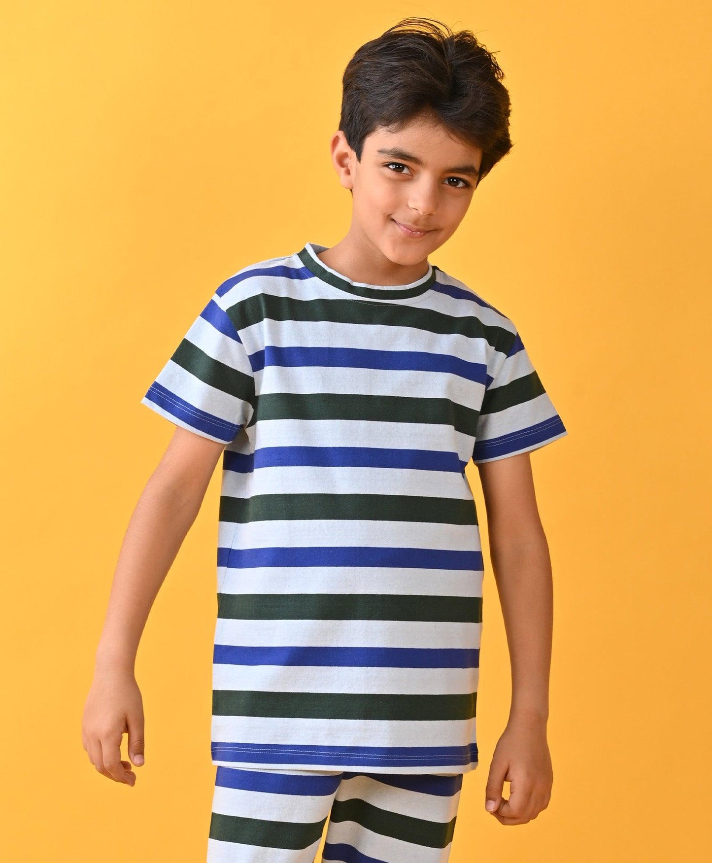 ROYAL SKY GREEN STRIPED SHORT SLEEVES BOYS PYJAMA SET - BLUE - Anthrilo 