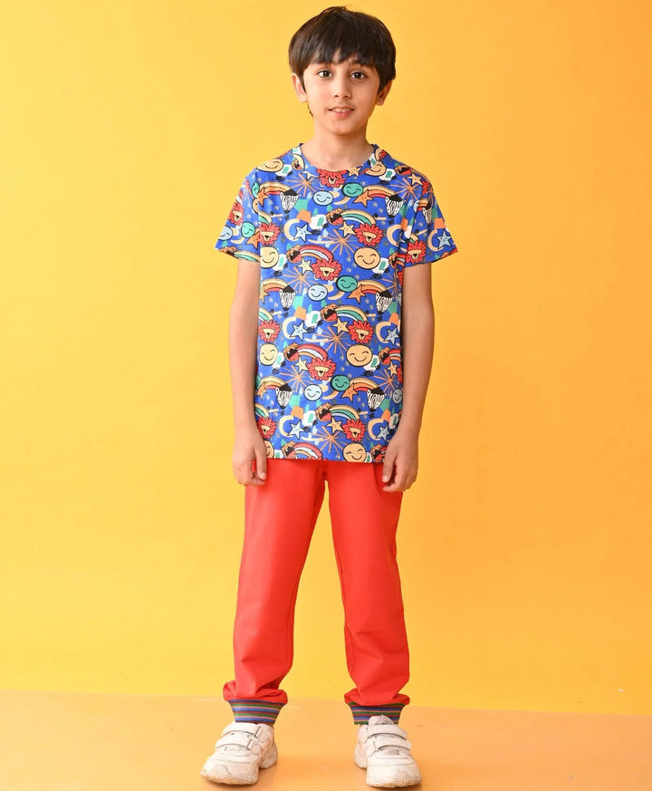 ANIMAL BLUE RED RIBBED SUMMER BOYS JOGGER SET - BLUE / RED - Anthrilo 