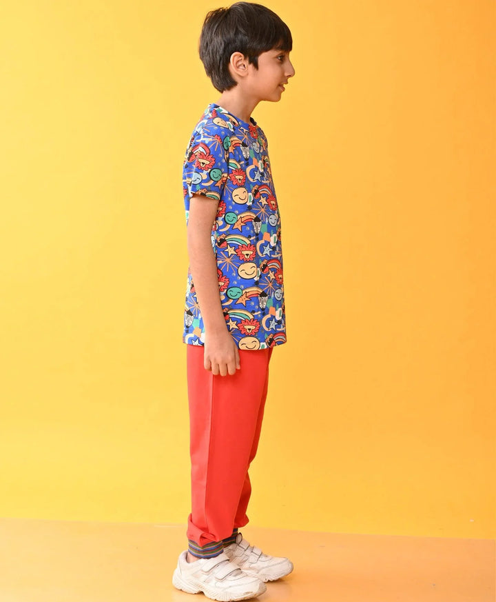 ANIMAL BLUE RED RIBBED SUMMER BOYS JOGGER SET - BLUE / RED - Anthrilo 
