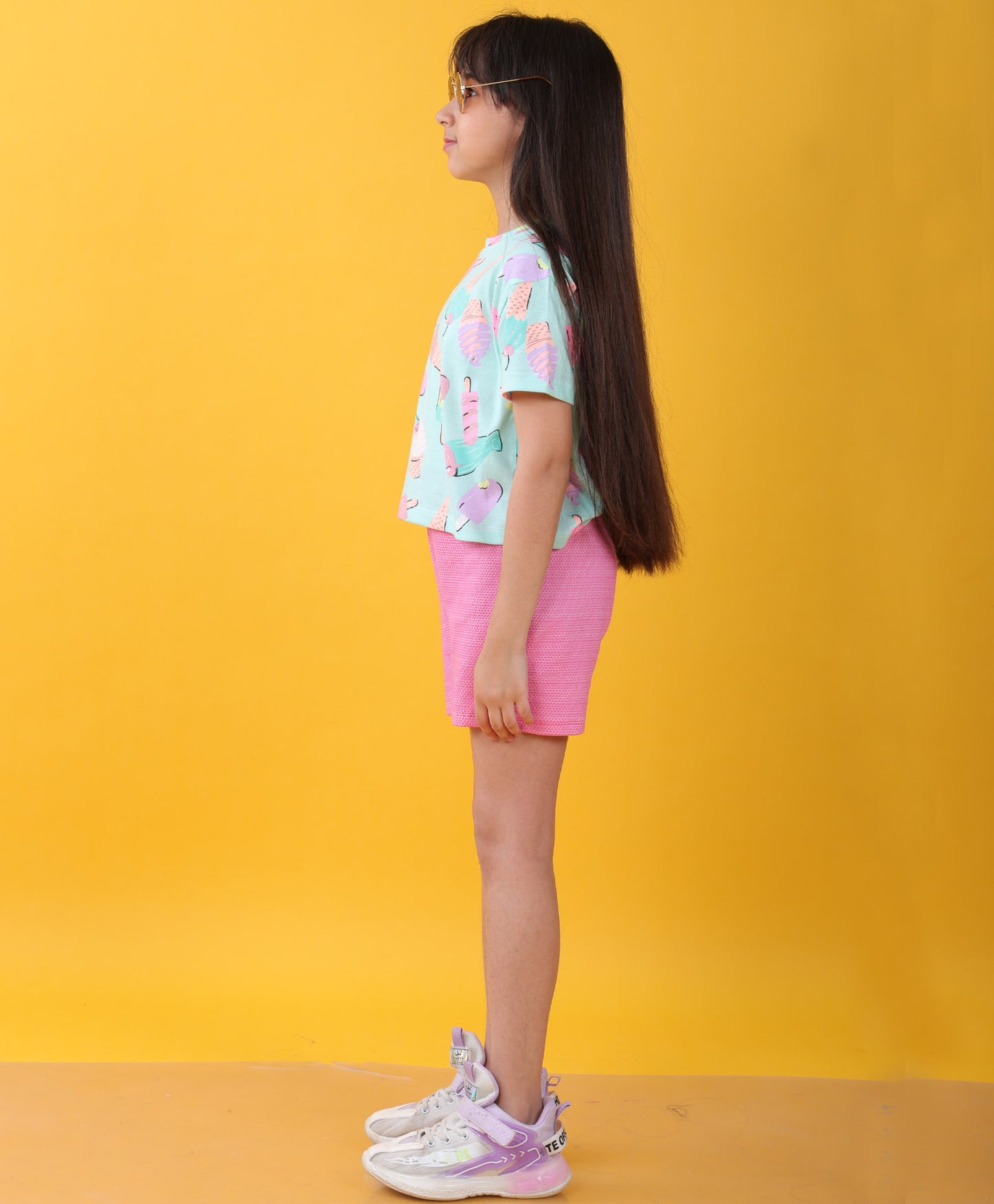 ICECREAM PINK POPCORN GIRLS SHORTS SET  - AQUA/PINK