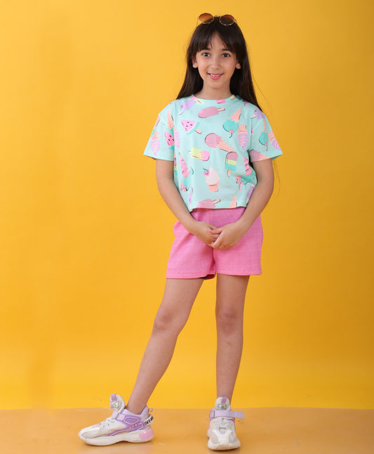 ICECREAM PINK POPCORN GIRLS SHORTS SET  - AQUA/PINK