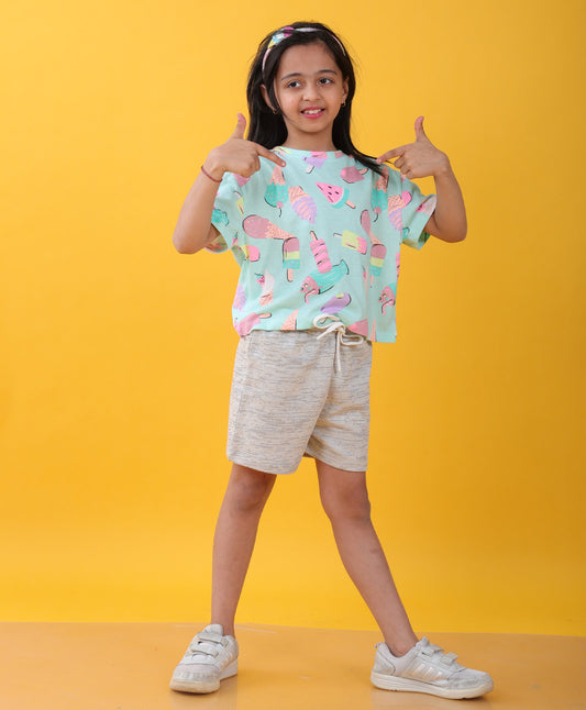 ICECREAM WHITE TEXTURED SUMMER GIRLS SHORTS SET - AQUA/WHITE