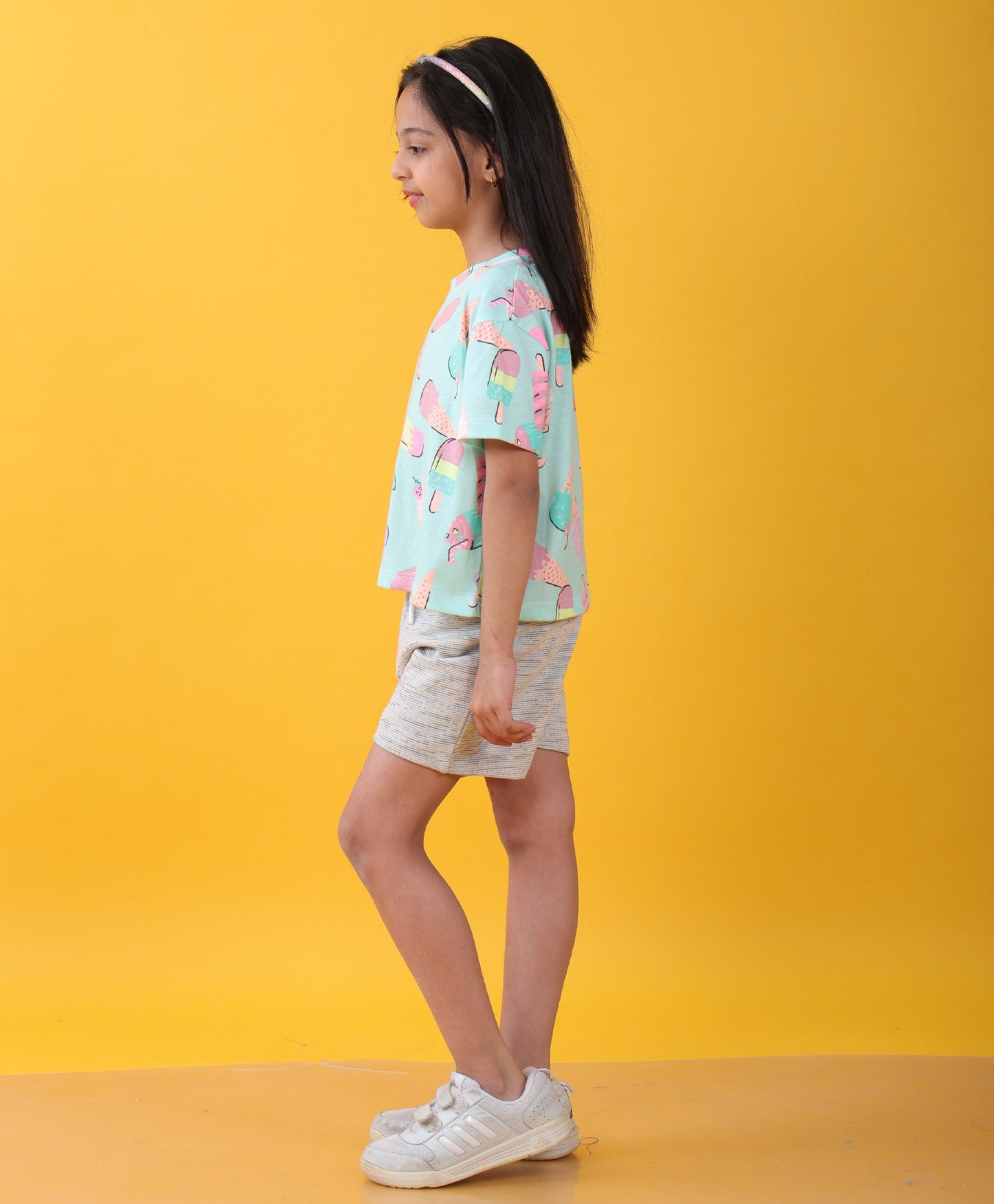 ICECREAM WHITE TEXTURED SUMMER GIRLS SHORTS SET - AQUA/WHITE