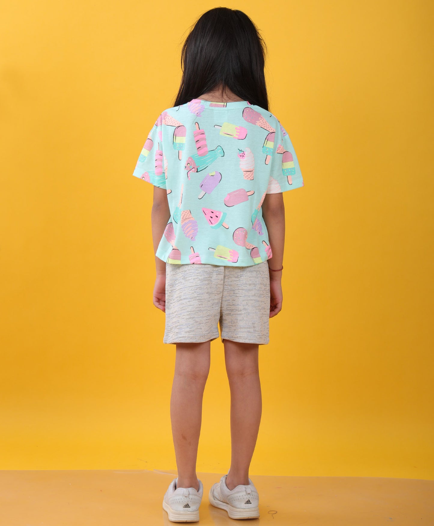 ICECREAM WHITE TEXTURED SUMMER GIRLS SHORTS SET - AQUA/WHITE