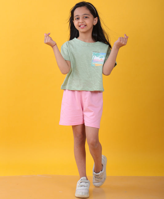 SANTA BARBARA GREEN PINK SUMMER GIRLS SHORTS SET - GREEN/PINK