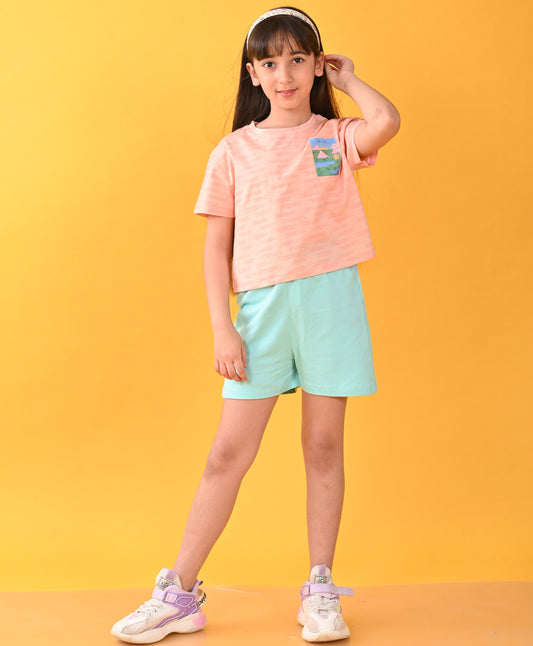 TAKE IT EASY PEACH AQUA SUMMER GIRLS SHORTS SET - PEACH/AQUA