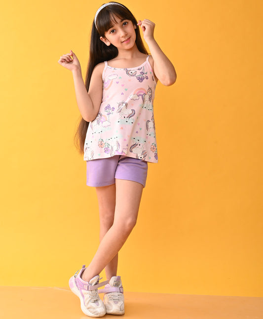 UNICORN FLOWERS STRAPPY PURPLE GIRLS SHORTS SET - PINK/PURPLE