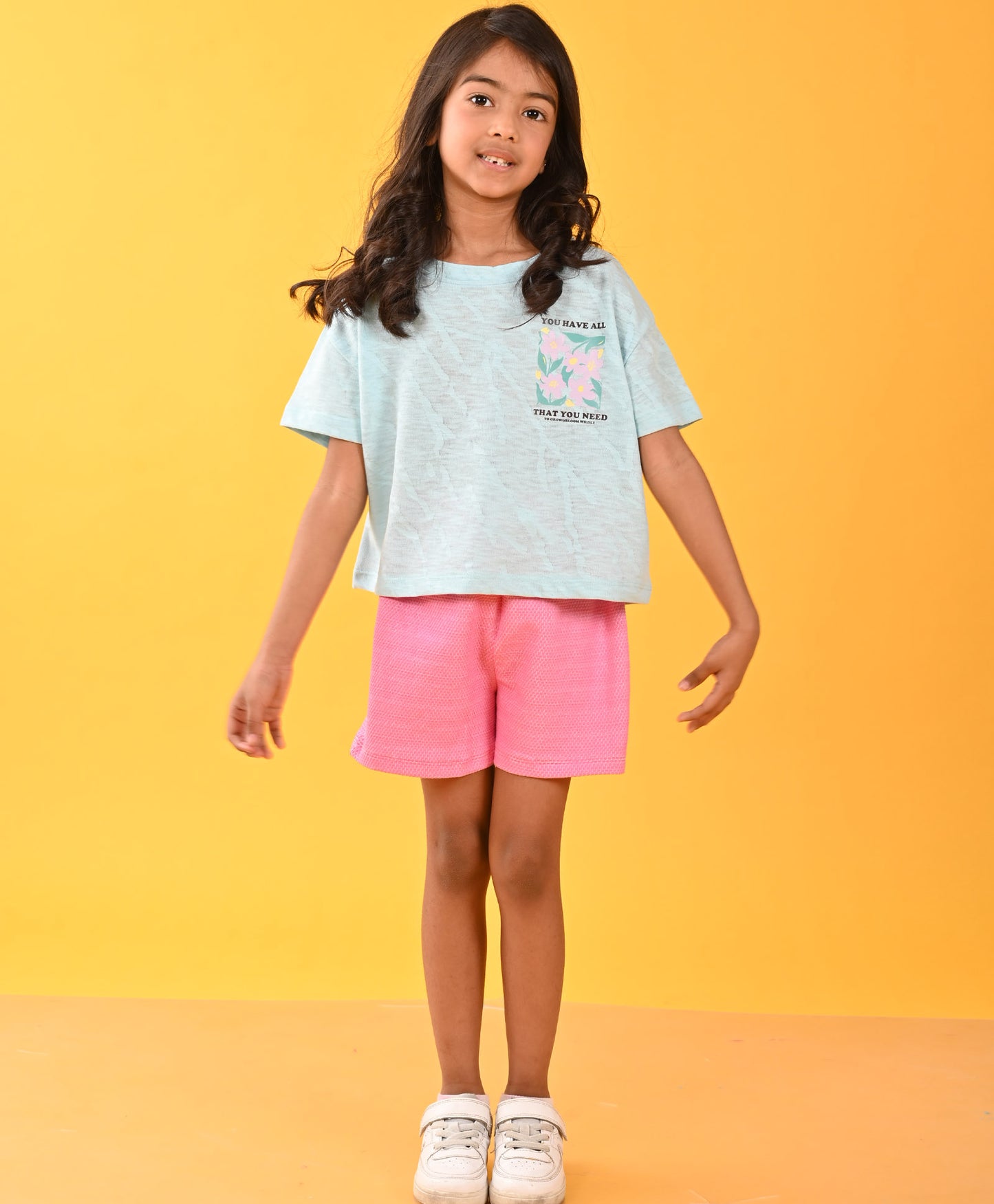 YOU HAVE ALL SKY PINK POPCORN GIRLS SHORTS SET - SKY/PINK