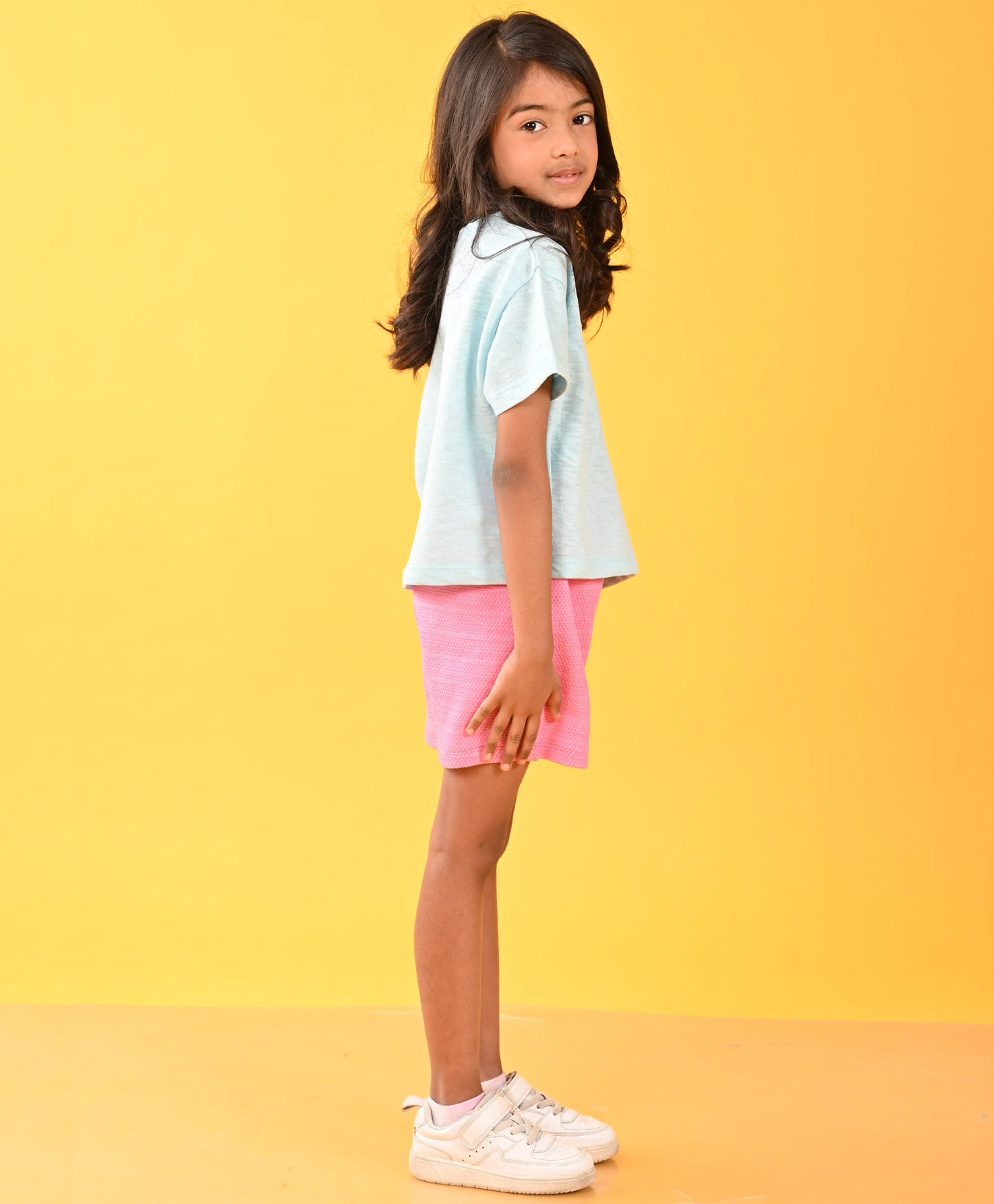 YOU HAVE ALL SKY PINK POPCORN GIRLS SHORTS SET - SKY/PINK