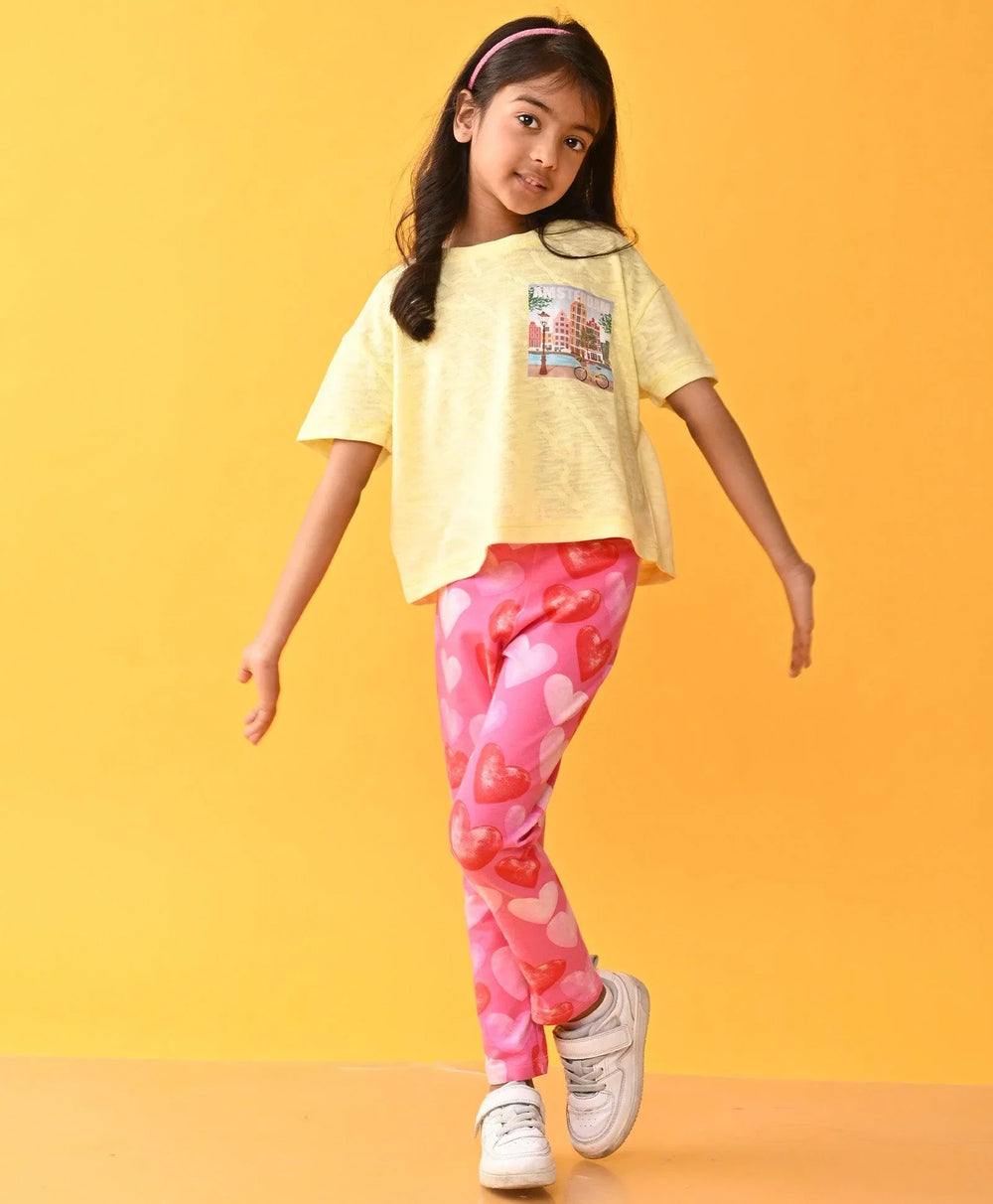 AMSTERDAM YELLOW TSHIRT HEART PINK LEGGINGS SET - YELLOW /PINK - Anthrilo 