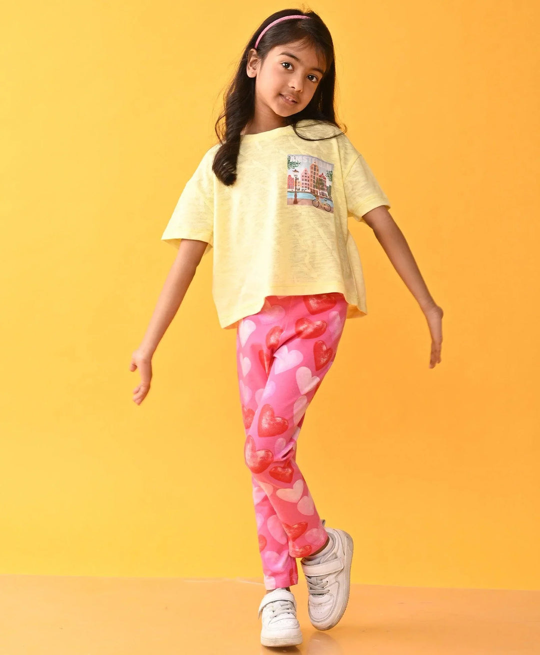 AMSTERDAM YELLOW TSHIRT HEART PINK LEGGINGS SET - YELLOW /PINK - Anthrilo 