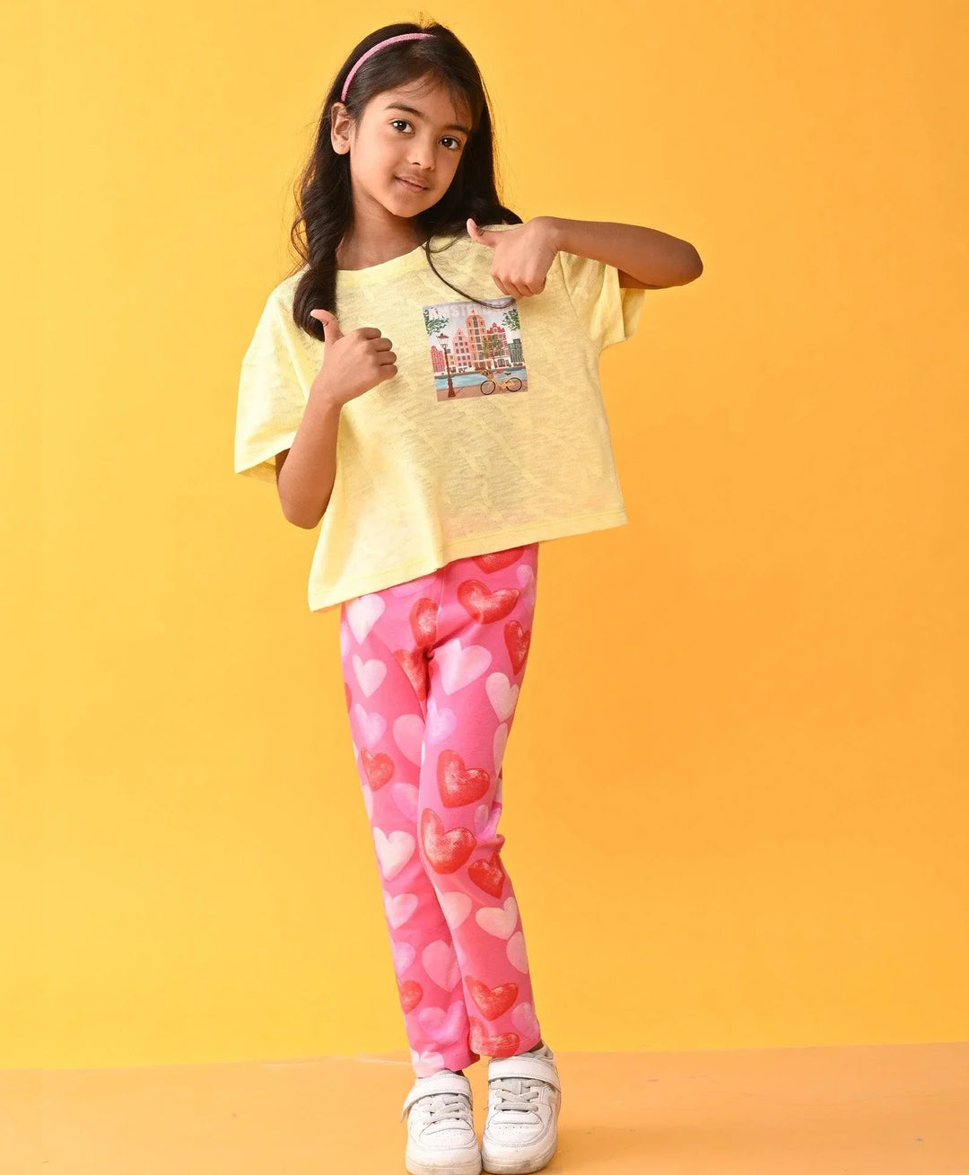 AMSTERDAM YELLOW TSHIRT HEART PINK LEGGINGS SET - YELLOW /PINK - Anthrilo 