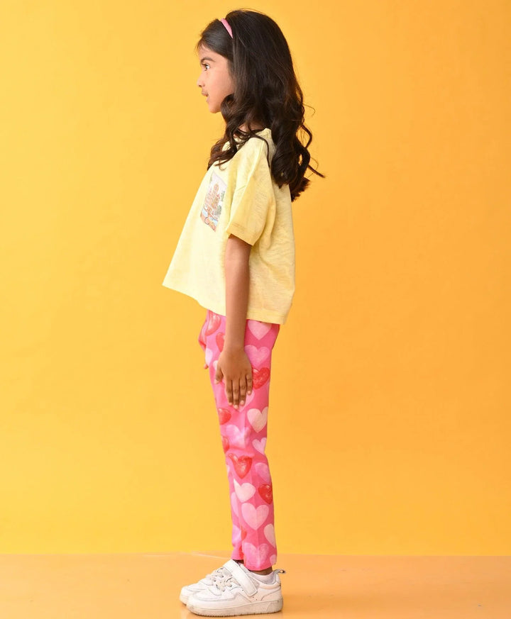 AMSTERDAM YELLOW TSHIRT HEART PINK LEGGINGS SET - YELLOW /PINK - Anthrilo 